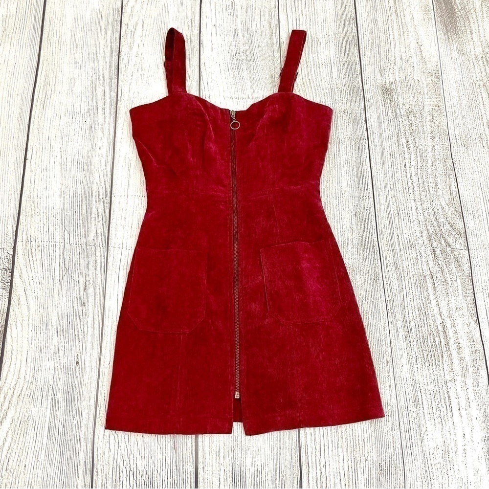 COTTON CANDY LA Women’s Red Corduroy Dress Full Front Zipper W/ Pockets Sz Small - Picture 2 of 10